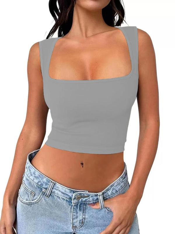 Solid Square Neck Sports Vest, Tank Tops for Women, Casual Comfy Workout Tops, Breathable Sleeveless Crop Top for Yoga Gym Workout, Running Vest, Ladies Sportswear Clothing for All Seasons, Fall Outfits, Fallfreshness Tank Tops For Men